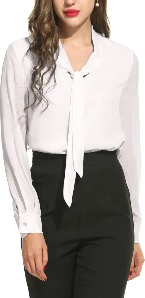 ACEVOG Chiffon Blouses for Women Dressy Bow Tie Neck Long Sleeve Work Shirt Formal Casual Wear