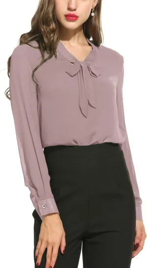 ACEVOG Chiffon Blouses for Women Dressy Bow Tie Neck Long Sleeve Work Shirt Formal Casual Wear