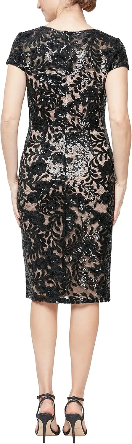 Alex Evenings Women's Short Knee Length Floral Embroidered Cocktail Sheath Dress