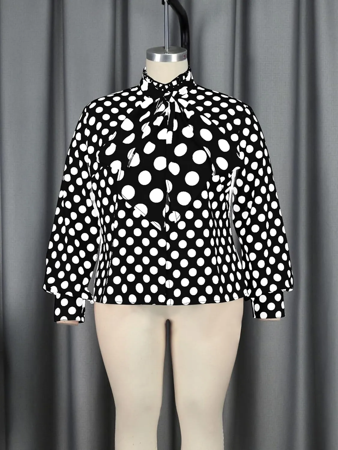 AOMEI Women's Bow Tied Neck Ruffle Trim Button Up Long Sleeve Workwear Shirts Blouse Black Polka Dot