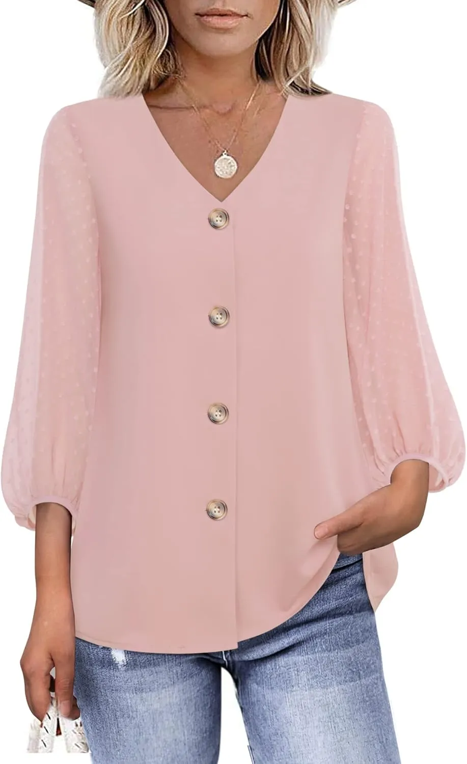 Bebonnie Womens Balloon 3/4 Sleeve Casual V Neck Button Down Shirts Chiffon Blouses Tops