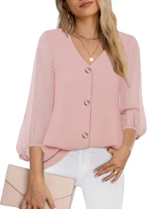 Bebonnie Womens Balloon 3/4 Sleeve Casual V Neck Button Down Shirts Chiffon Blouses Tops