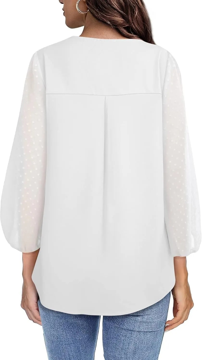 Bebonnie Womens Balloon 3/4 Sleeve Casual V Neck Button Down Shirts Chiffon Blouses Tops