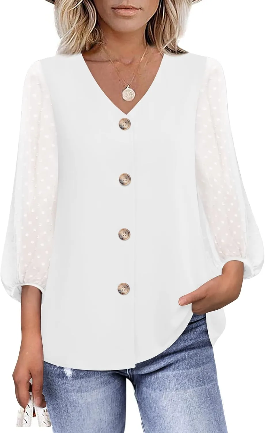 Bebonnie Womens Balloon 3/4 Sleeve Casual V Neck Button Down Shirts Chiffon Blouses Tops