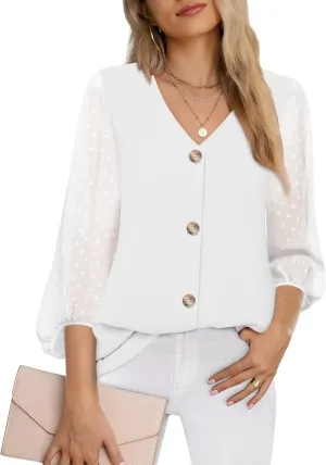 Bebonnie Womens Balloon 3/4 Sleeve Casual V Neck Button Down Shirts Chiffon Blouses Tops