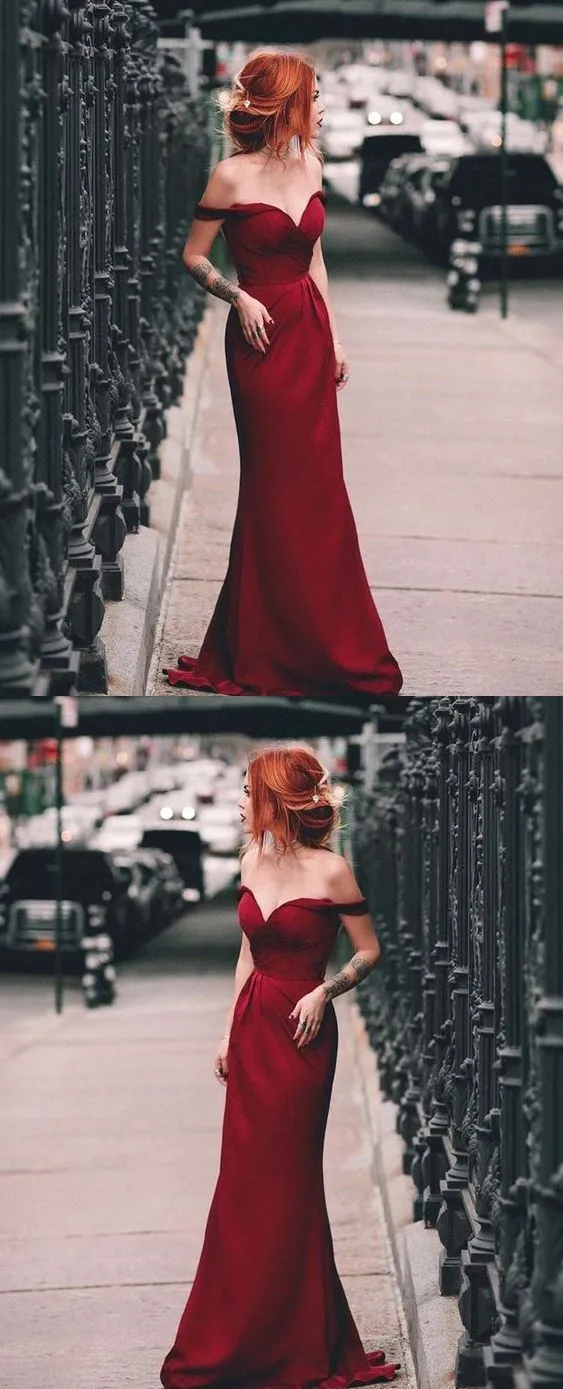 Charming Mermaid Off the Shoulder Burgundy Long Prom Dresses