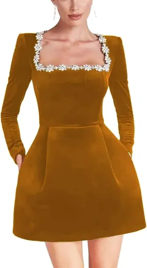 Crystal Square Neck Wedding Dresses for Brides Long Sleeve Velvet Short Bridal Gowns with Pockets