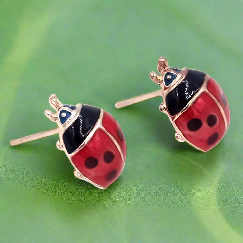 Delightful Red Enamel and Gold Lady Bug Stud Earrings For Woman