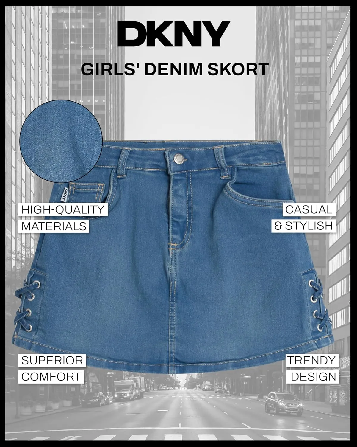 DKNY Girls' Denim Skort - High-Waisted Casual Everyday Mini Skort Skirts for Girls with Pockets (Sizes: 7-16)