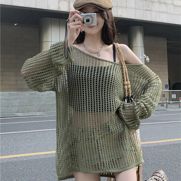 DUNNMALL Idle Style Women's off-Shoulder Blouse  Summer Thin Design Hollow-out Sweater