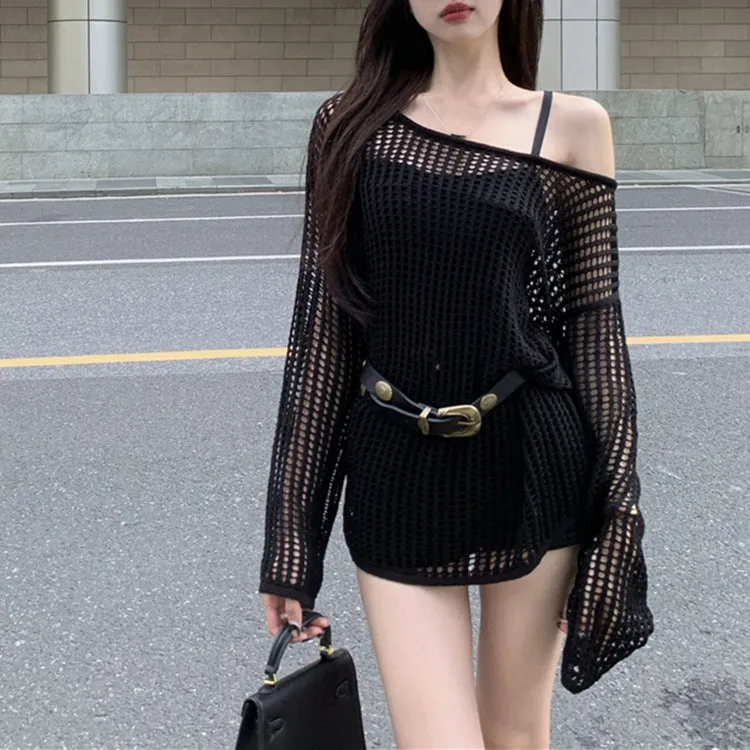 DUNNMALL Idle Style Women's off-Shoulder Blouse  Summer Thin Design Hollow-out Sweater