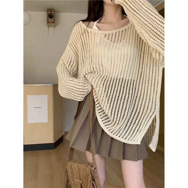 DUNNMALL Idle Style Women's off-Shoulder Blouse  Summer Thin Design Hollow-out Sweater