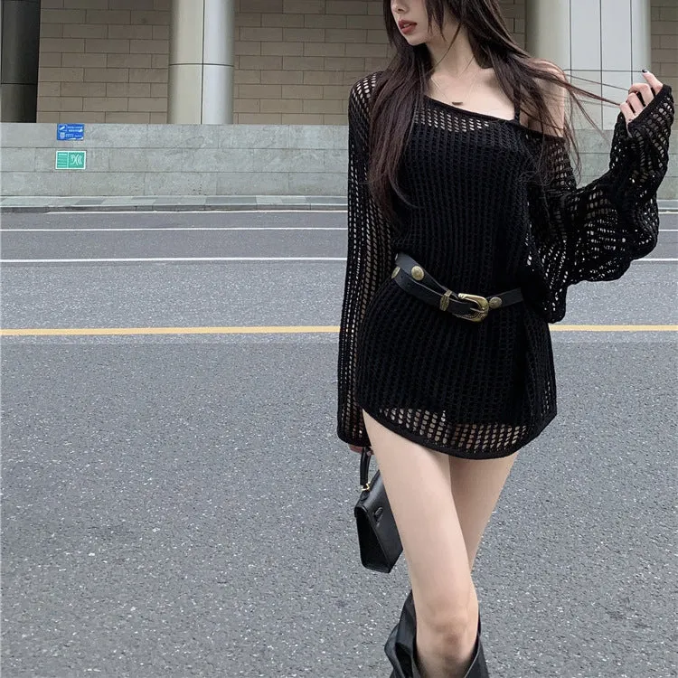 DUNNMALL Idle Style Women's off-Shoulder Blouse  Summer Thin Design Hollow-out Sweater