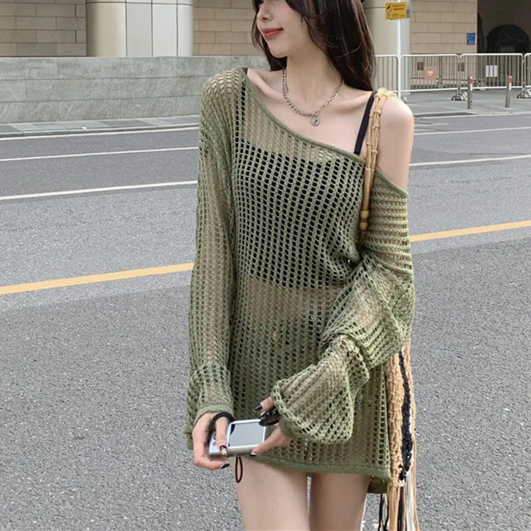DUNNMALL Idle Style Women's off-Shoulder Blouse  Summer Thin Design Hollow-out Sweater