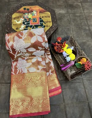 Exquisite Kanjivaram Silk Orange Saree with Zari Weaving Work
