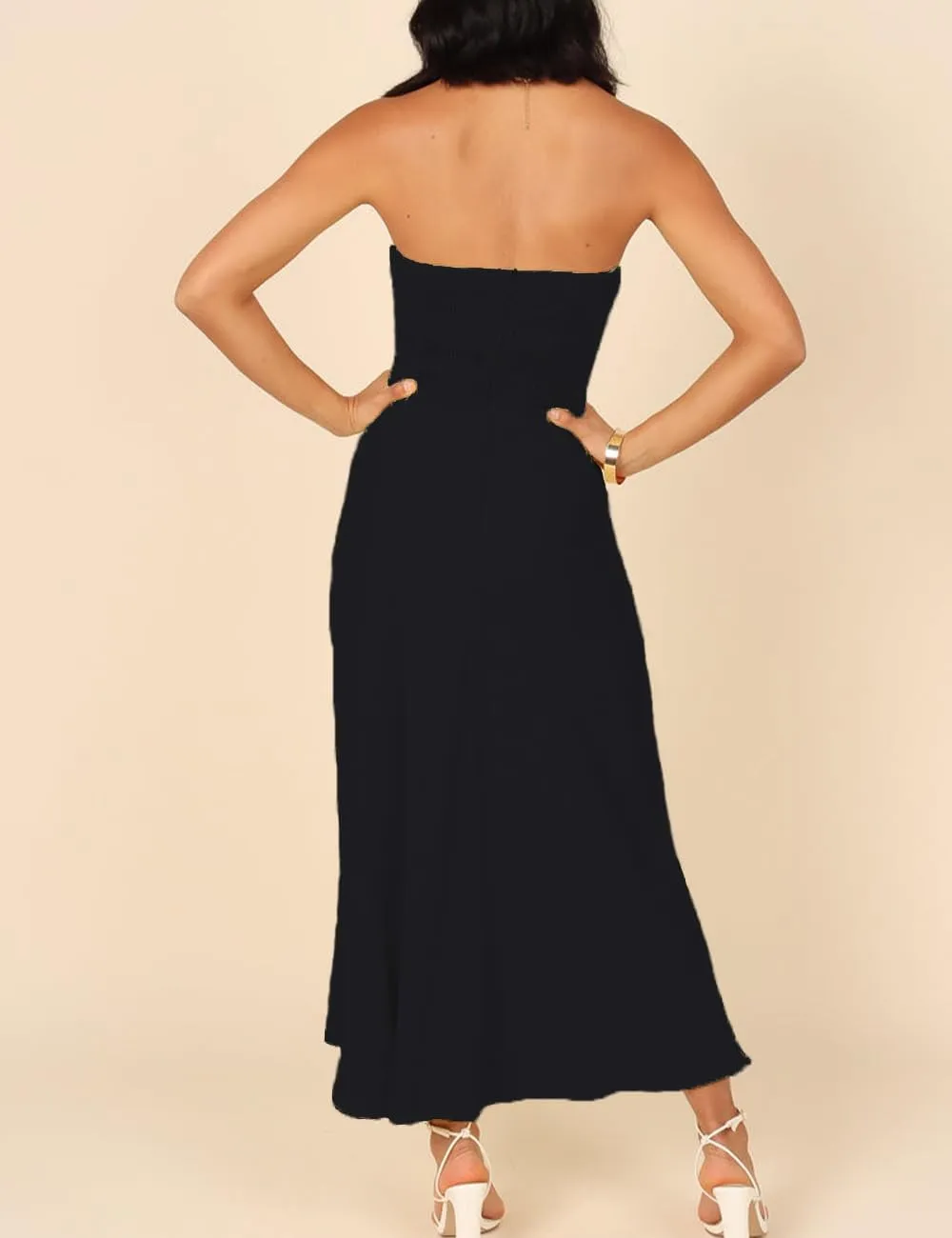 Fiemaoves Sexy Twist Front Strapless Sweetheart Neckline Midi Dresses for Women Smocked Cutout Tube Linen Dress Wedding Guest