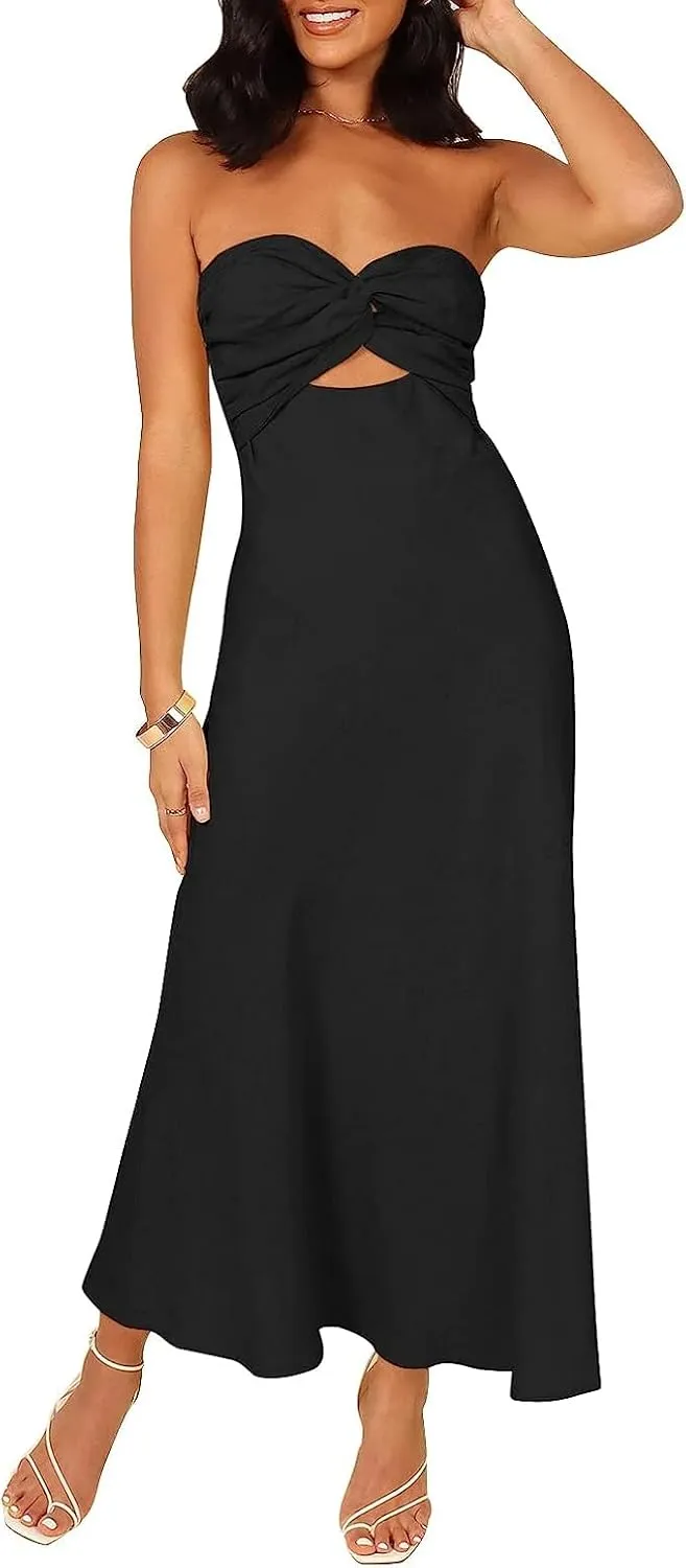 Fiemaoves Sexy Twist Front Strapless Sweetheart Neckline Midi Dresses for Women Smocked Cutout Tube Linen Dress Wedding Guest