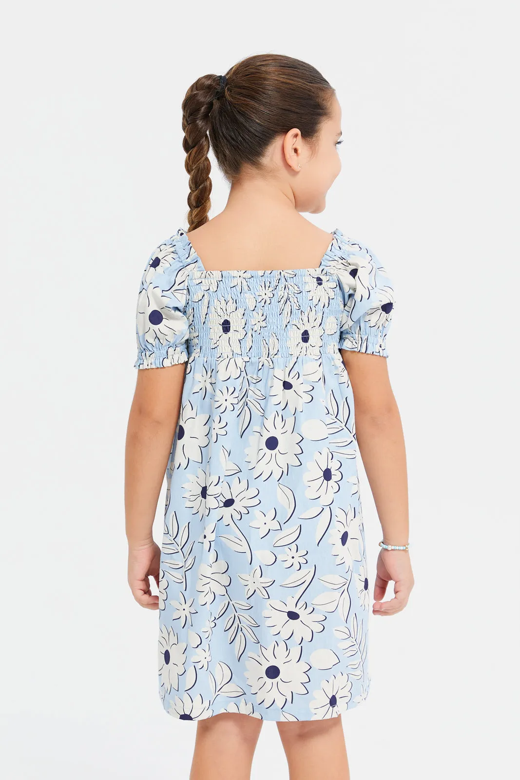 Girls Blue Printed Smocking Tiered Dress