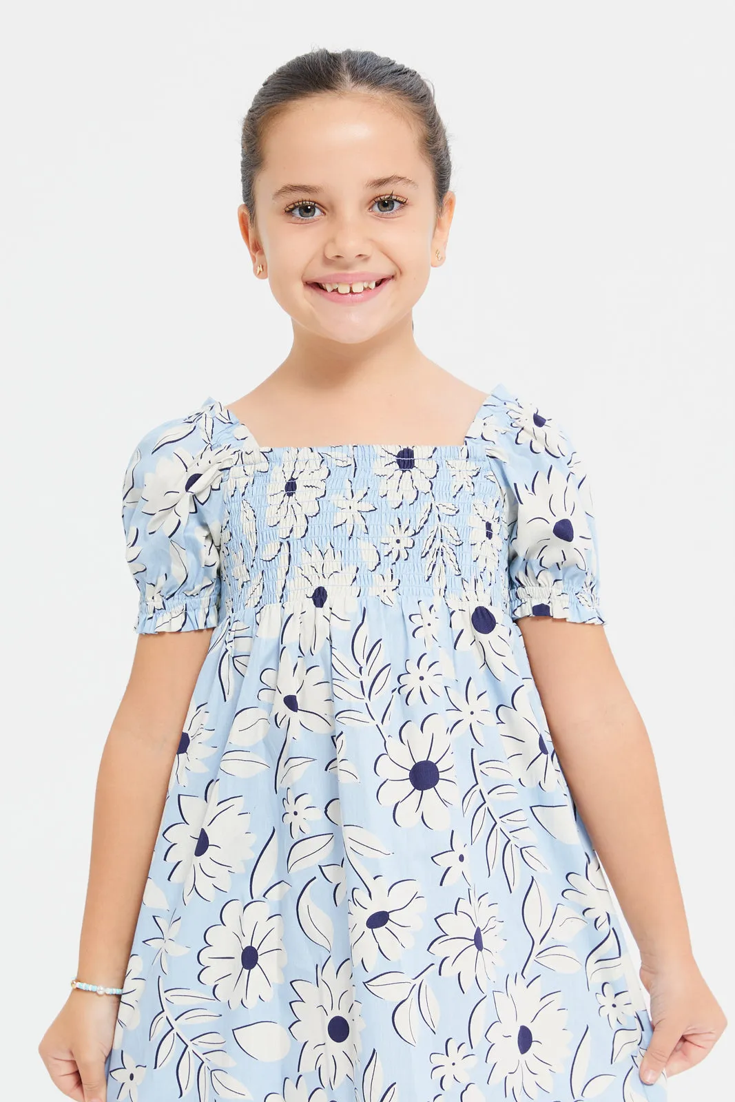 Girls Blue Printed Smocking Tiered Dress