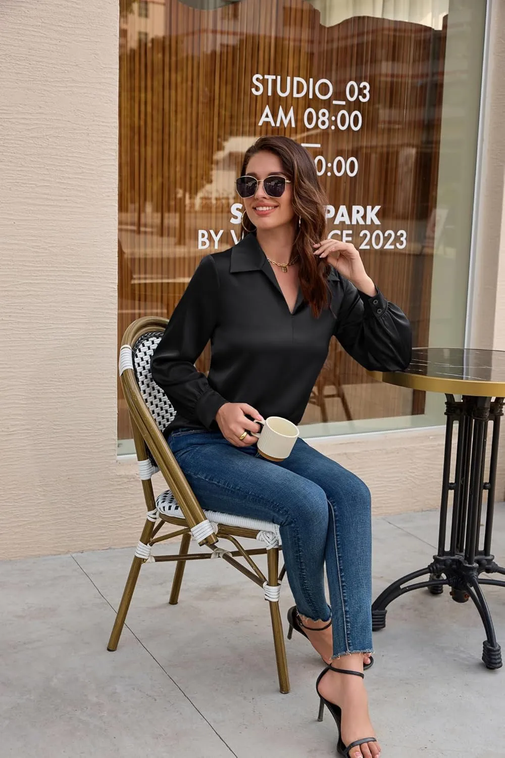 GRACE KARIN Women's Satin Silk Blouse Lapel V Neck Long Sleeve Casual Work Blouse Shirts Pullover Tops
