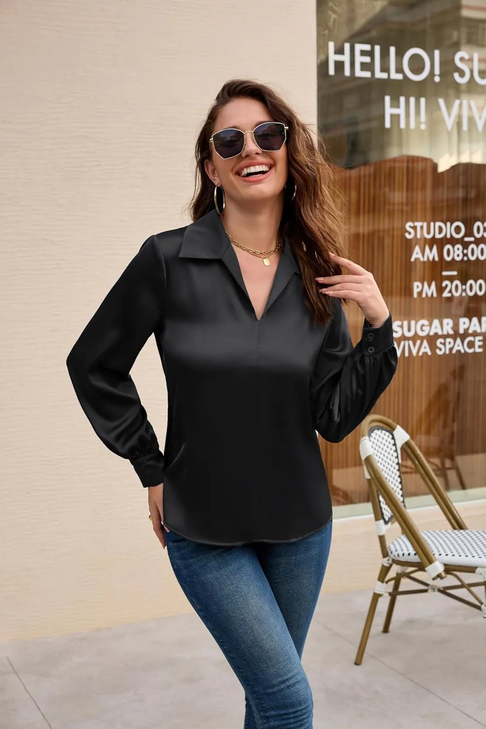 GRACE KARIN Women's Satin Silk Blouse Lapel V Neck Long Sleeve Casual Work Blouse Shirts Pullover Tops