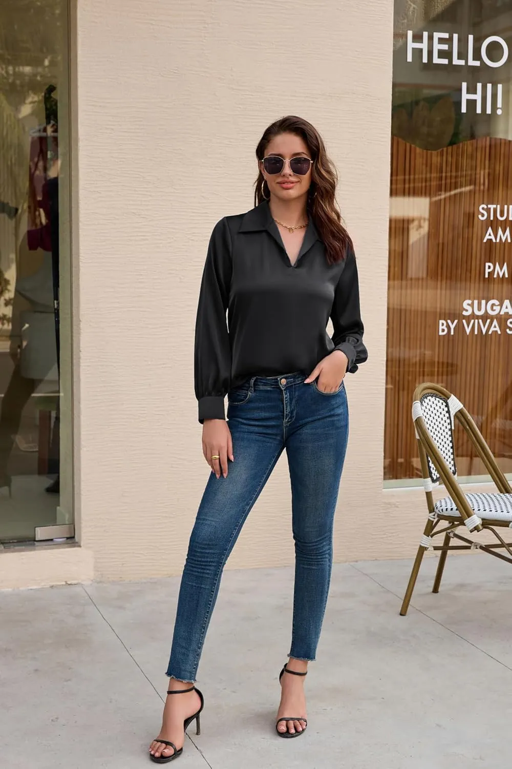 GRACE KARIN Women's Satin Silk Blouse Lapel V Neck Long Sleeve Casual Work Blouse Shirts Pullover Tops