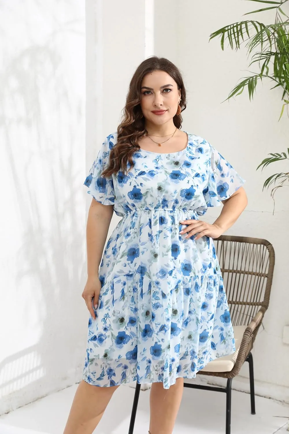 HBEYYTO Women's Plus Size Floral Print Boho Beach Dress Casual Ruffle Sleeve Elastic Waist Swing Chiffon Sundress