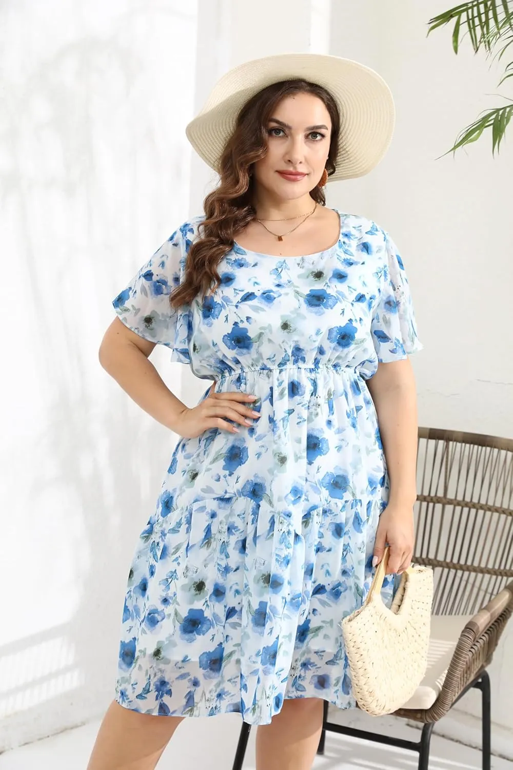 HBEYYTO Women's Plus Size Floral Print Boho Beach Dress Casual Ruffle Sleeve Elastic Waist Swing Chiffon Sundress