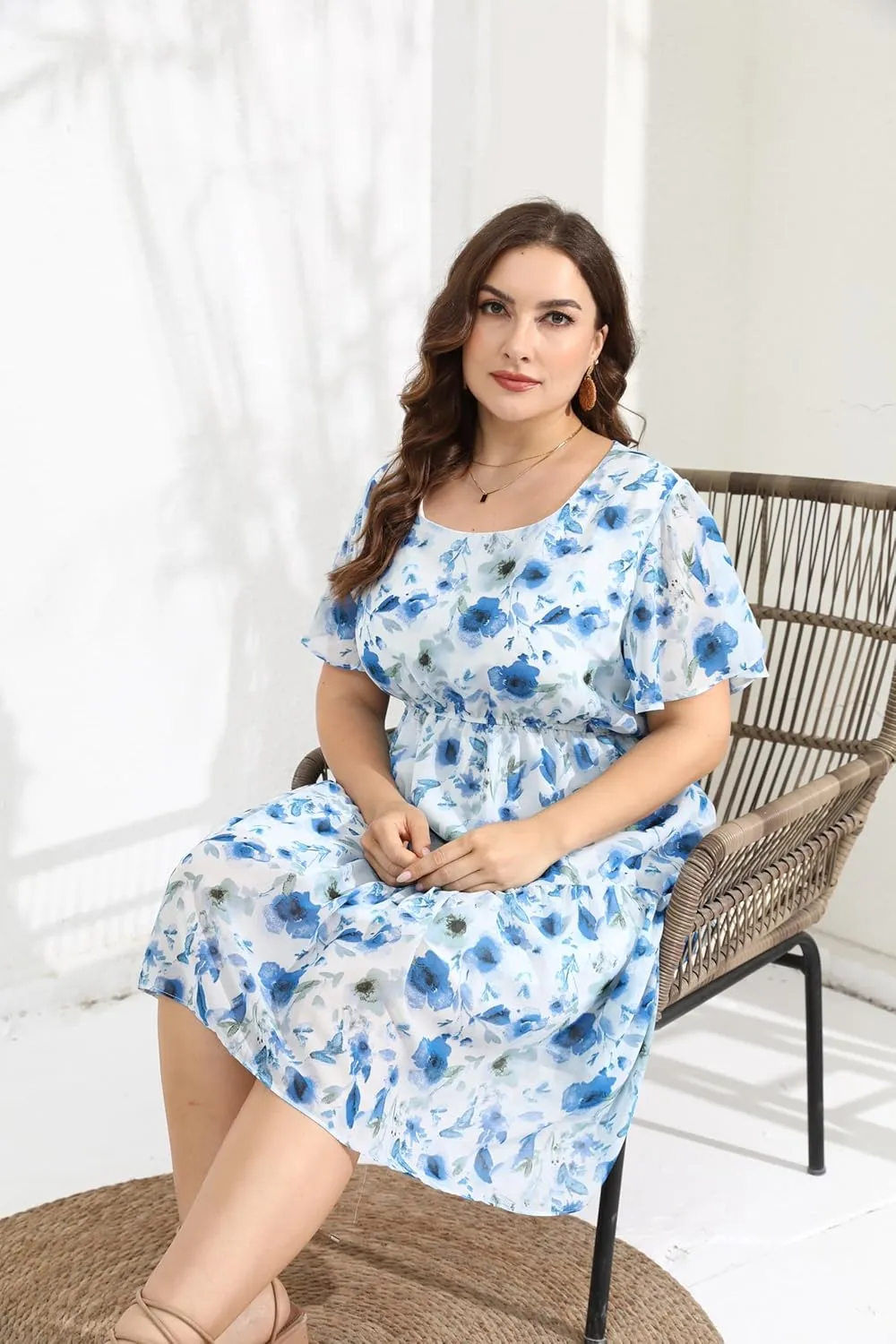 HBEYYTO Women's Plus Size Floral Print Boho Beach Dress Casual Ruffle Sleeve Elastic Waist Swing Chiffon Sundress