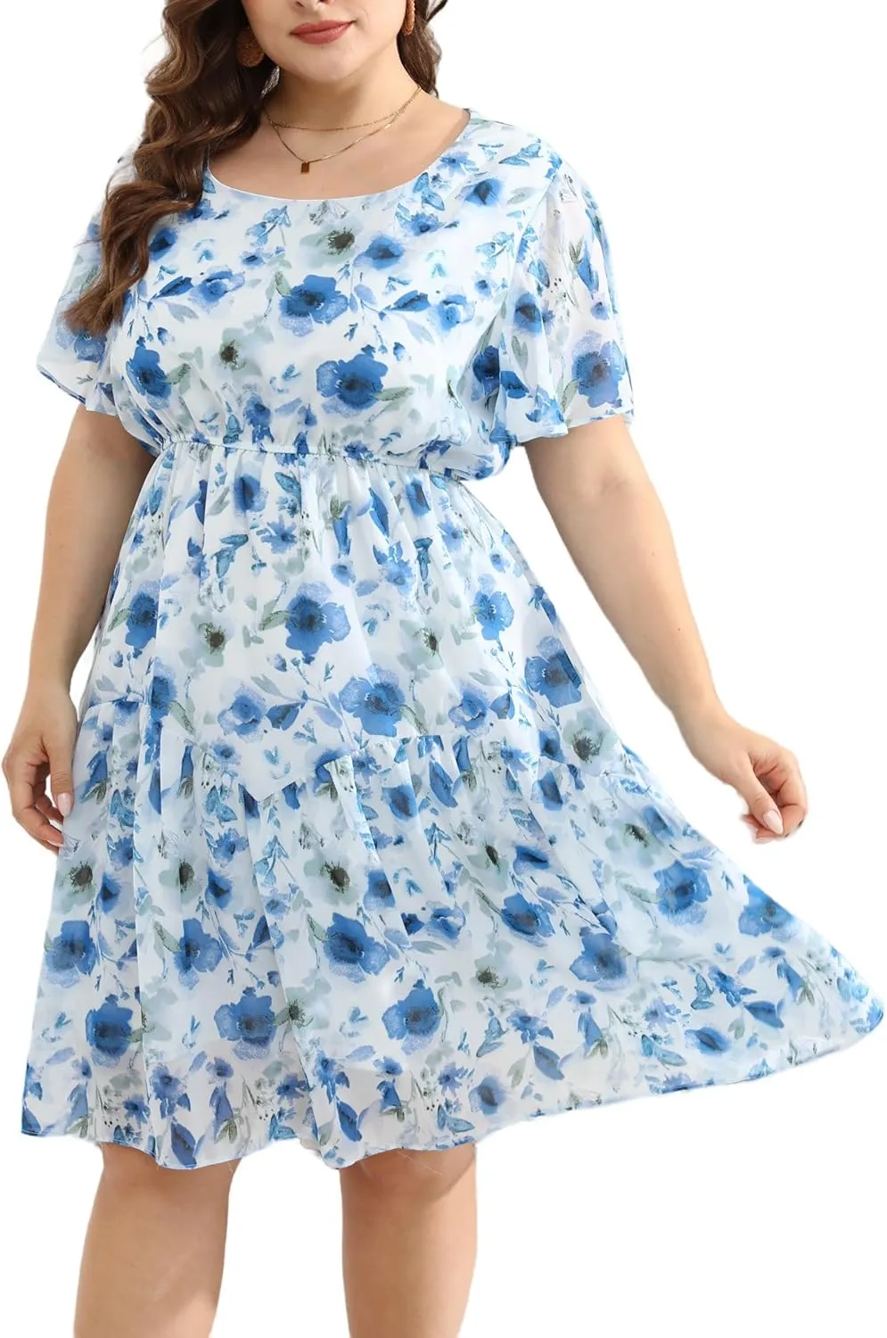 HBEYYTO Women's Plus Size Floral Print Boho Beach Dress Casual Ruffle Sleeve Elastic Waist Swing Chiffon Sundress