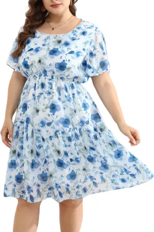 HBEYYTO Women's Plus Size Floral Print Boho Beach Dress Casual Ruffle Sleeve Elastic Waist Swing Chiffon Sundress