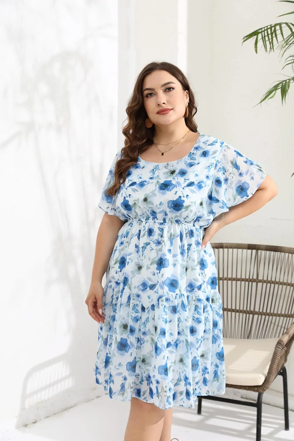 HBEYYTO Women's Plus Size Floral Print Boho Beach Dress Casual Ruffle Sleeve Elastic Waist Swing Chiffon Sundress