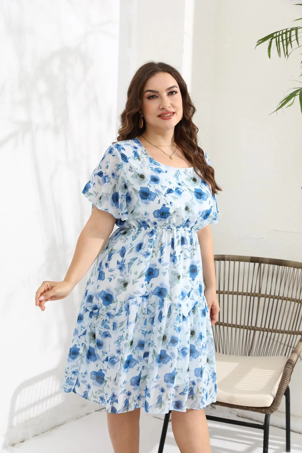 HBEYYTO Women's Plus Size Floral Print Boho Beach Dress Casual Ruffle Sleeve Elastic Waist Swing Chiffon Sundress