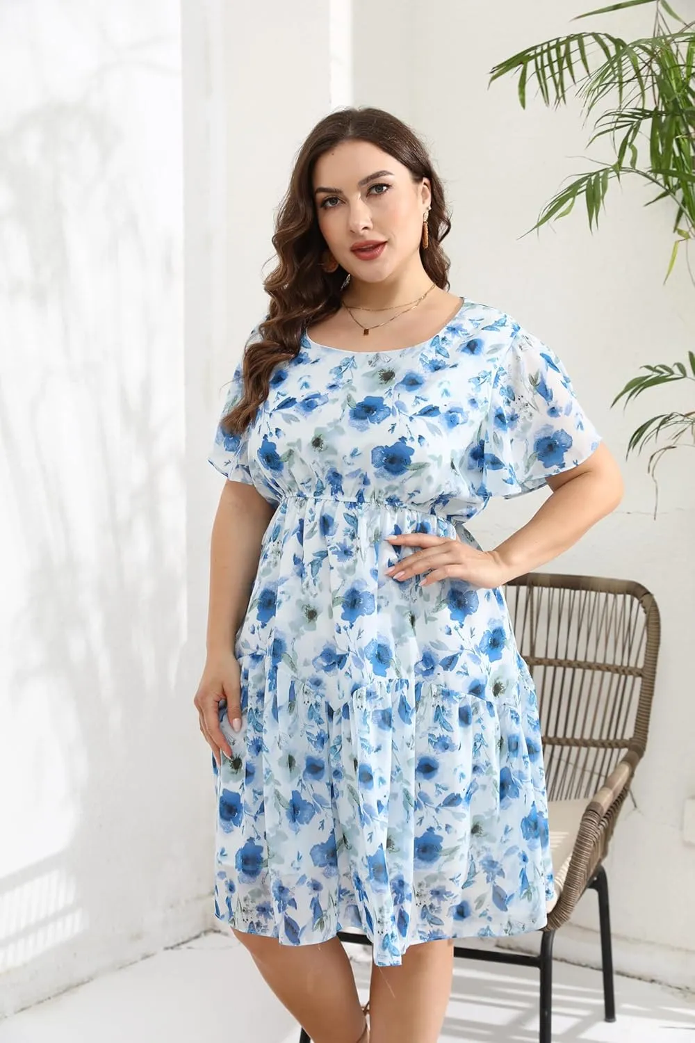 HBEYYTO Women's Plus Size Floral Print Boho Beach Dress Casual Ruffle Sleeve Elastic Waist Swing Chiffon Sundress