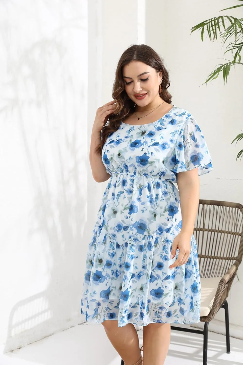 HBEYYTO Women's Plus Size Floral Print Boho Beach Dress Casual Ruffle Sleeve Elastic Waist Swing Chiffon Sundress