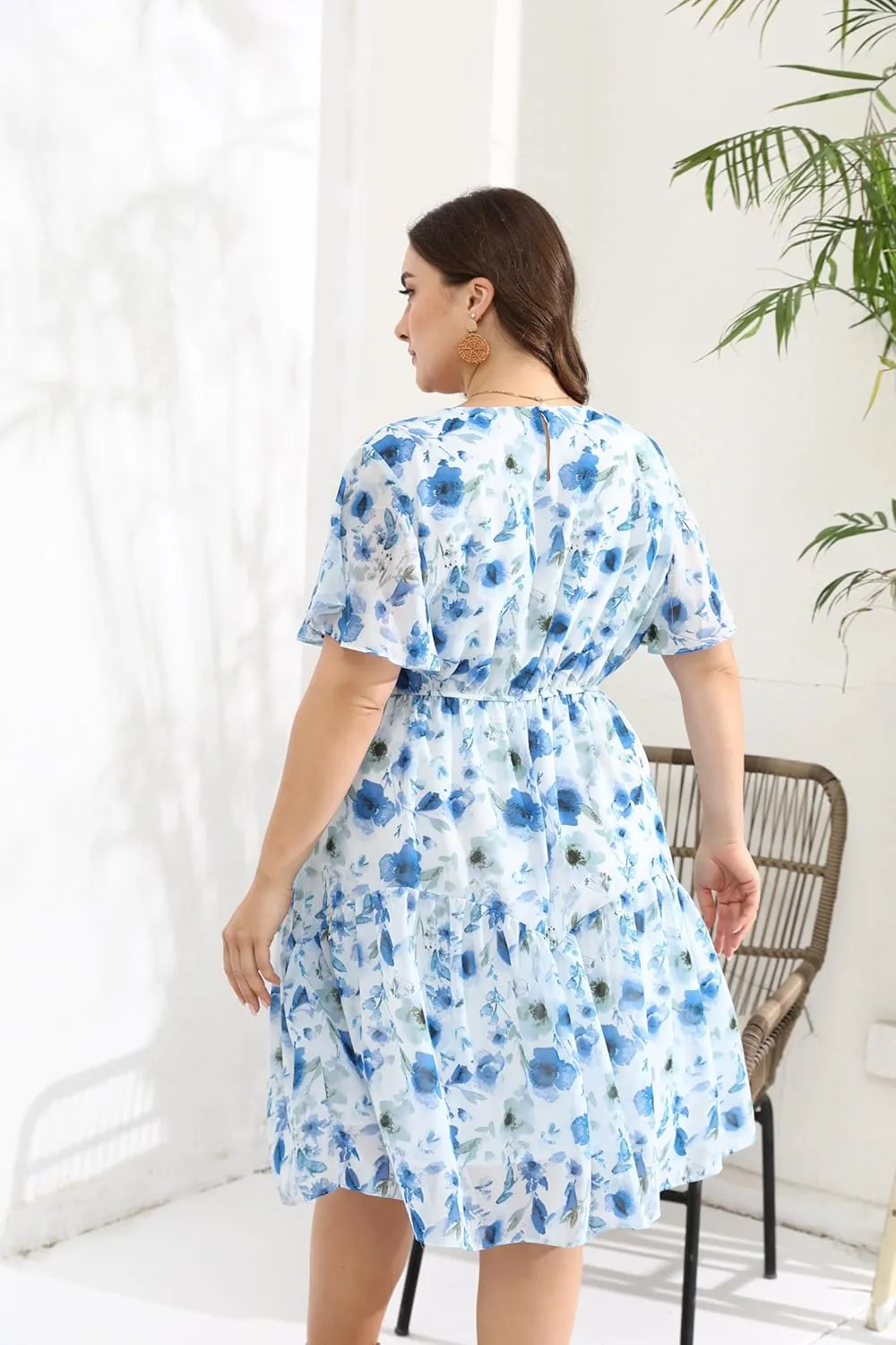 HBEYYTO Women's Plus Size Floral Print Boho Beach Dress Casual Ruffle Sleeve Elastic Waist Swing Chiffon Sundress