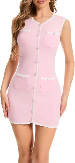 hibshaby Summer Dresses for Women 2025 Sleeveless Mini Dress Button Color Block Knit Bodycon Party Short Dress with Pockets