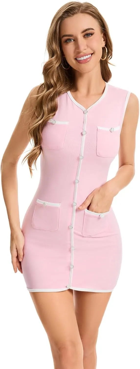 hibshaby Summer Dresses for Women 2025 Sleeveless Mini Dress Button Color Block Knit Bodycon Party Short Dress with Pockets