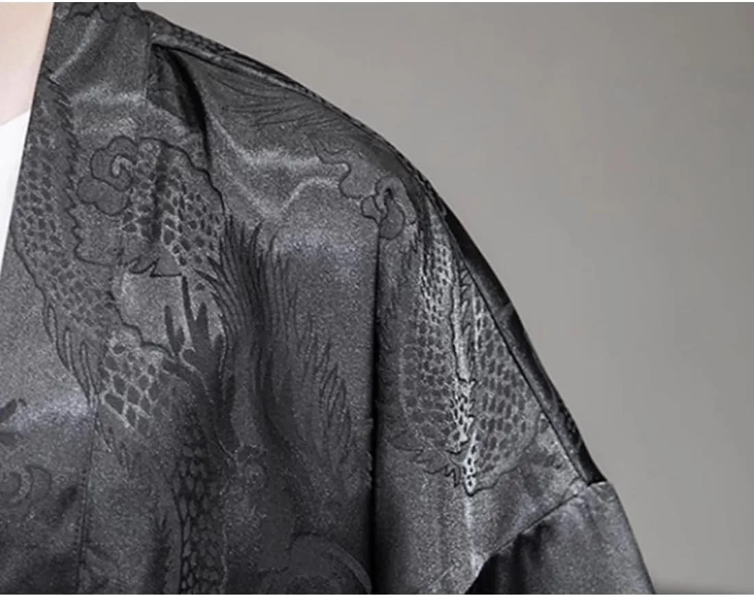 HZCX FASHION Mens Silk Satin Robe Summer Lightweight Dragon Kimono Shirt Cardigan Open Front 3/4 Sleeve Hanfu Chinese Jacket
