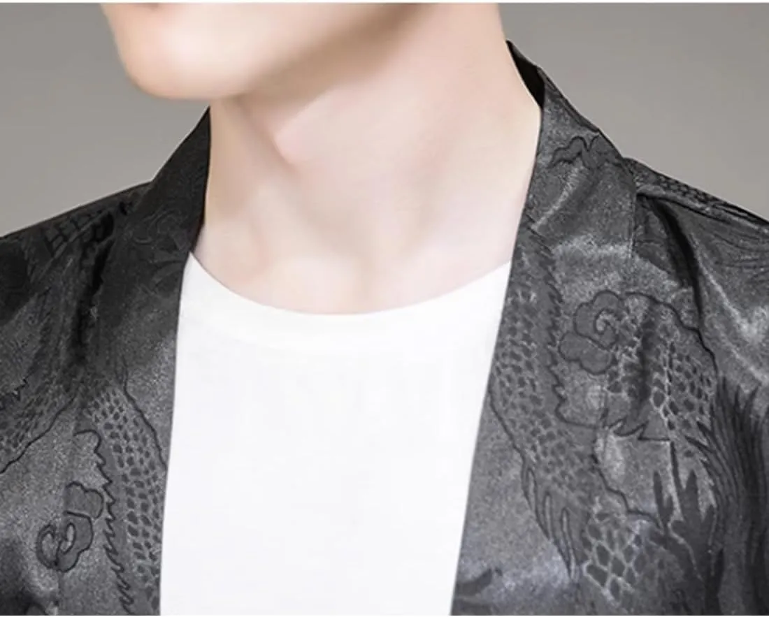 HZCX FASHION Mens Silk Satin Robe Summer Lightweight Dragon Kimono Shirt Cardigan Open Front 3/4 Sleeve Hanfu Chinese Jacket