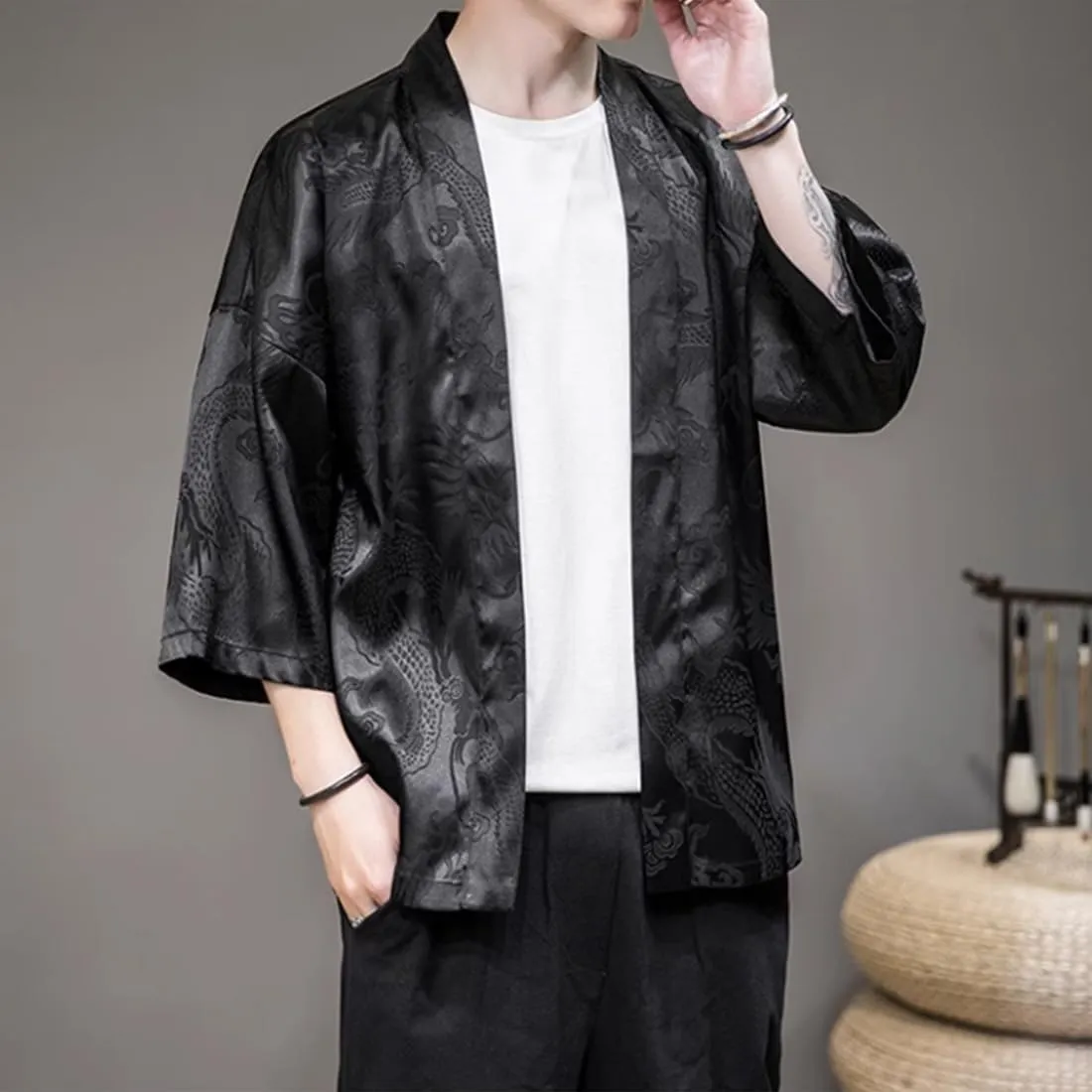 HZCX FASHION Mens Silk Satin Robe Summer Lightweight Dragon Kimono Shirt Cardigan Open Front 3/4 Sleeve Hanfu Chinese Jacket