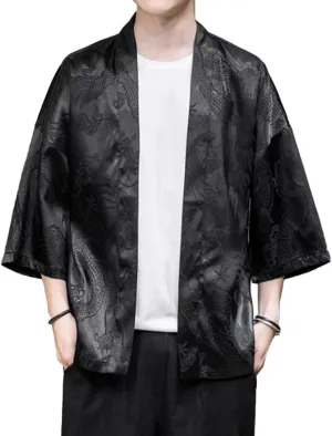 HZCX FASHION Mens Silk Satin Robe Summer Lightweight Dragon Kimono Shirt Cardigan Open Front 3/4 Sleeve Hanfu Chinese Jacket