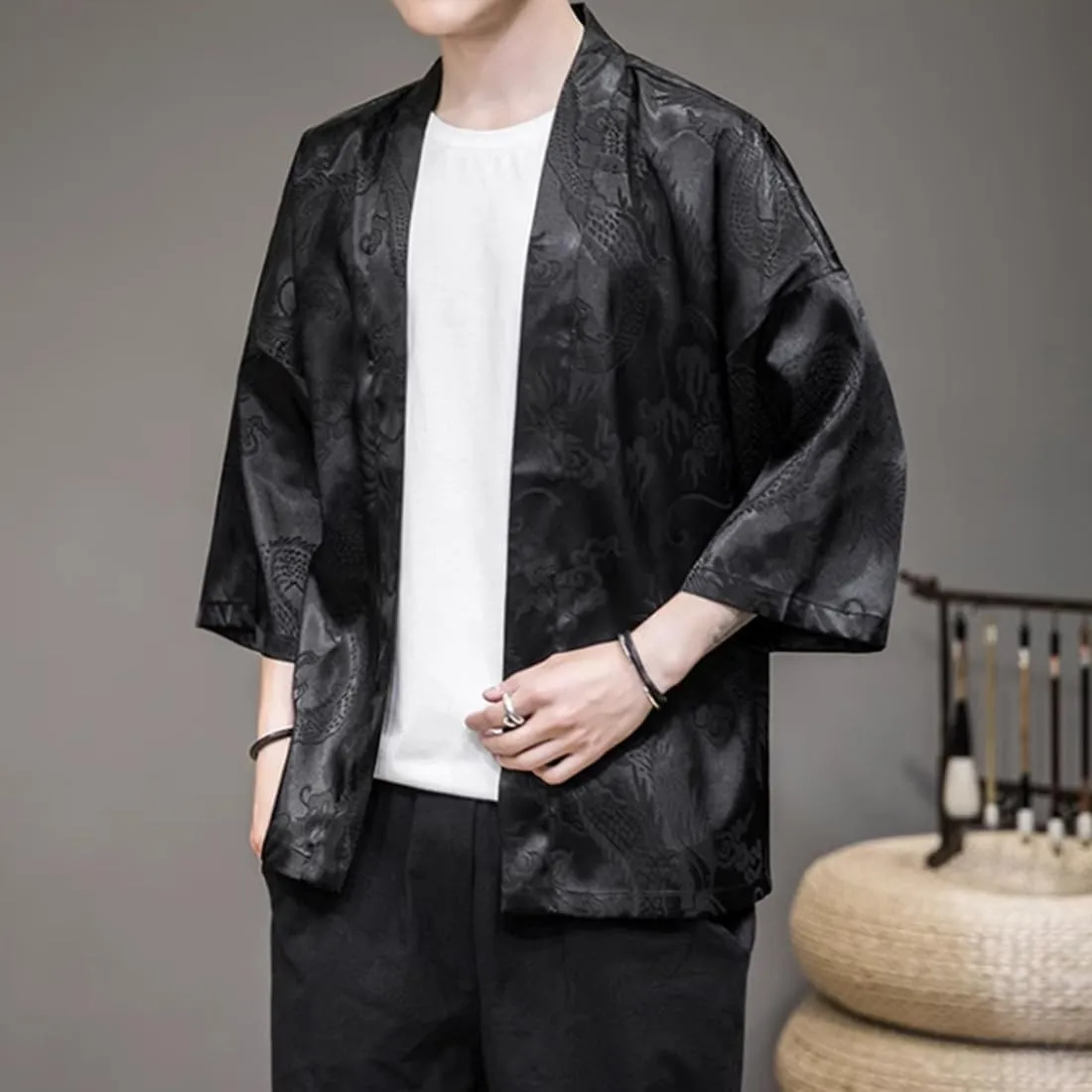 HZCX FASHION Mens Silk Satin Robe Summer Lightweight Dragon Kimono Shirt Cardigan Open Front 3/4 Sleeve Hanfu Chinese Jacket