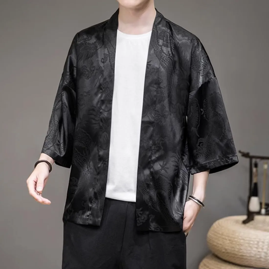 HZCX FASHION Mens Silk Satin Robe Summer Lightweight Dragon Kimono Shirt Cardigan Open Front 3/4 Sleeve Hanfu Chinese Jacket