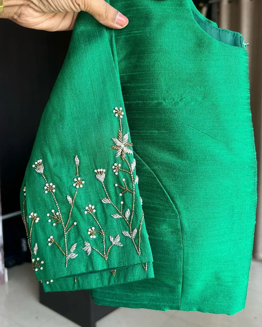 Light Green Elzara Silk Blouse with Beautiful Handwork on Sleeves
