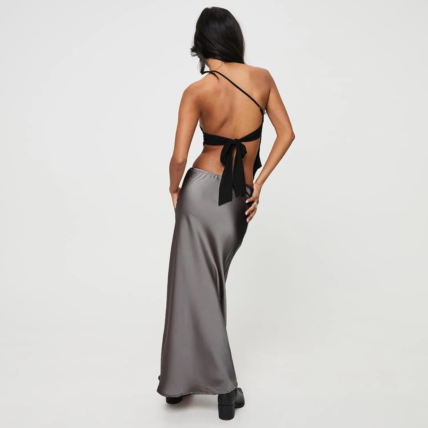 Long Silk Skirt Women's Spring Summer Satin Silk High Waist Drawstring Ruffle A Line Maxi Skirt
