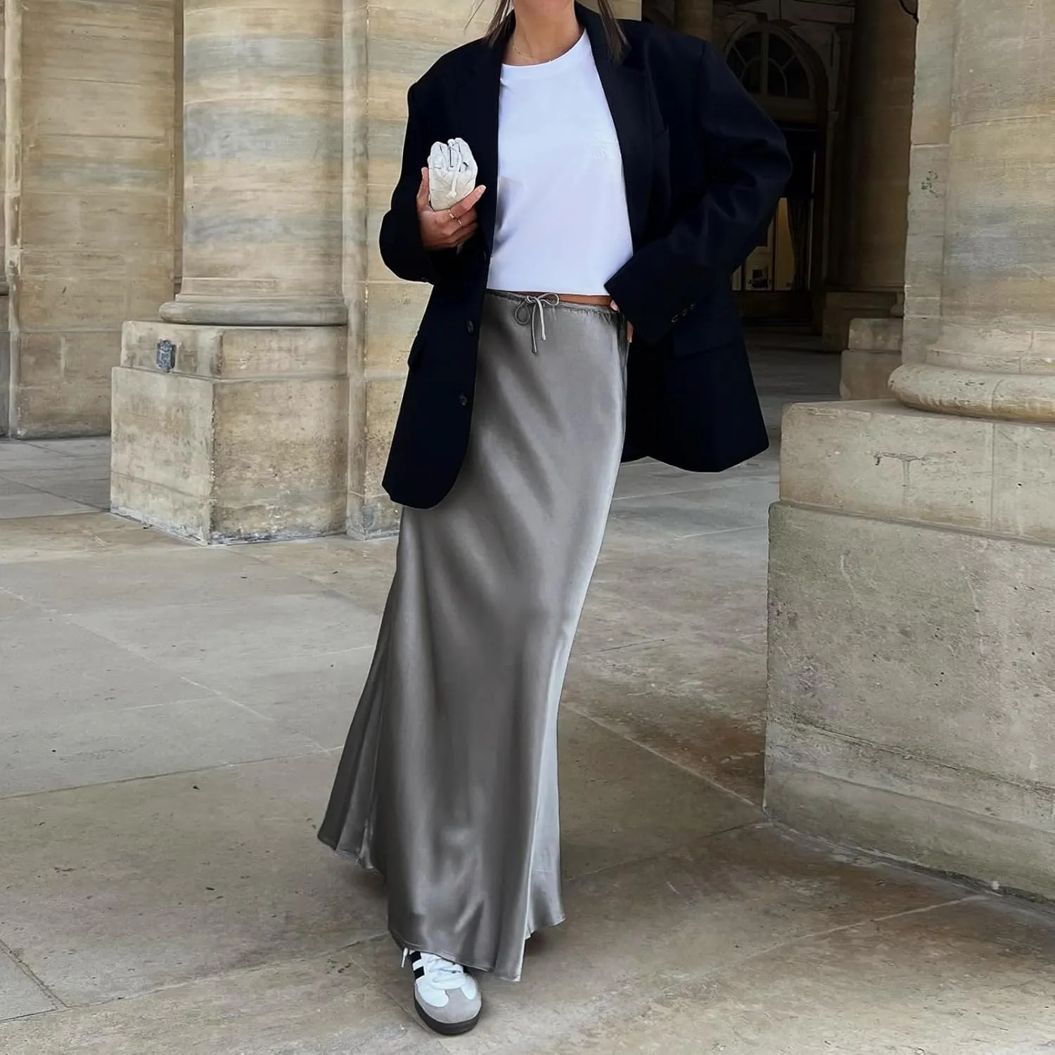 Long Silk Skirt Women's Spring Summer Satin Silk High Waist Drawstring Ruffle A Line Maxi Skirt