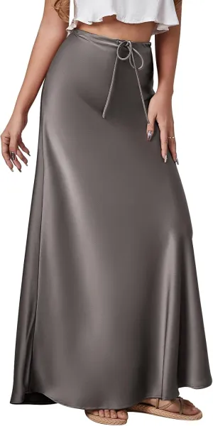 Long Silk Skirt Women's Spring Summer Satin Silk High Waist Drawstring Ruffle A Line Maxi Skirt