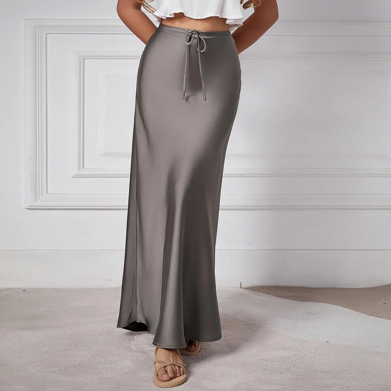 Long Silk Skirt Women's Spring Summer Satin Silk High Waist Drawstring Ruffle A Line Maxi Skirt
