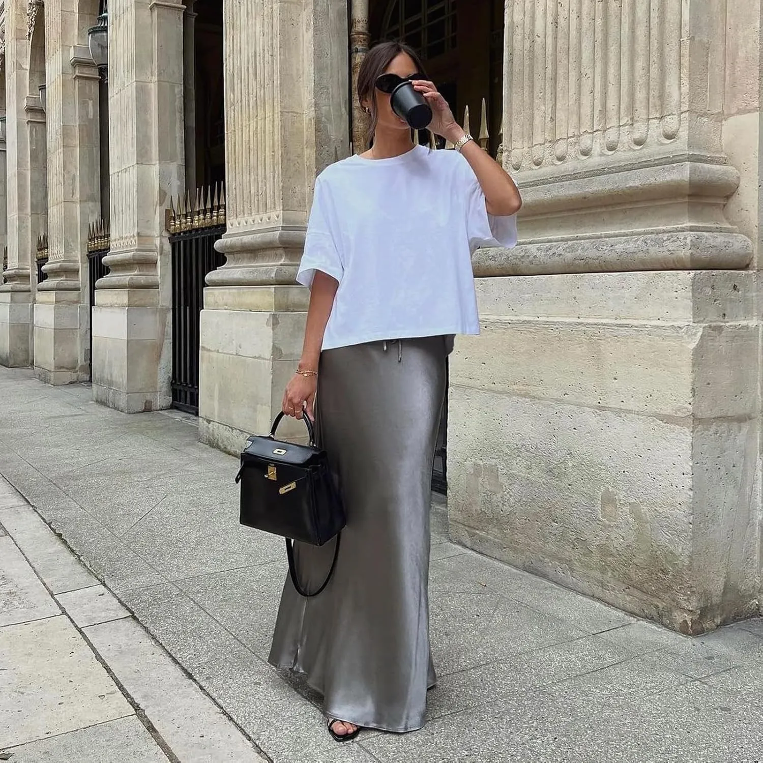 Long Silk Skirt Women's Spring Summer Satin Silk High Waist Drawstring Ruffle A Line Maxi Skirt